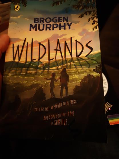 The thumb of my left hand is just visible as it holds a paperback called Wildlands, by Brogen Murphy. On the cover are the figures of two children, standing on a ridge overlooking a valley, with forests and hills in the distance.