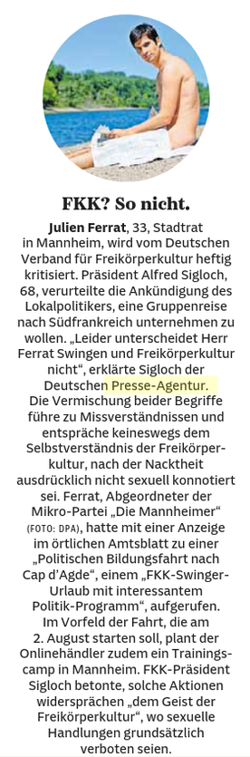 Das Bild ist ein Screenshot des Artikels der SZ vom 30.6.25 , in dem es im #wesentlichen darum geht, dass FKK Präsident Alfred Sigloch, 68, die Ankündigung des Lokalpolitikers Ferrat, eine Gruppenreise nach Südfrankreich unternehmen zu wollen, verurteilt. Er bedauerte, dass Herr Ferrat dabei Swingen und Freikörperkultur nicht unterscheide.