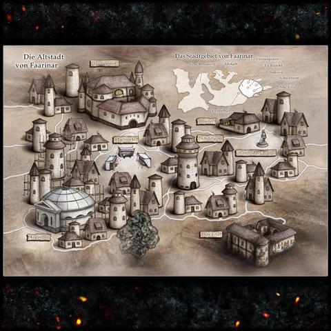 Die Illustration einer Stadt, viele Häuser und Gebäude.