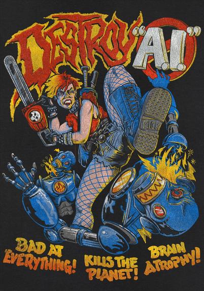 A digital illustration in very comic book style. At the center is an 80s Punk/Mad Max/Tank Girl-type girl wearing a red cut up tee, lots of belts and a studded collar and bracelets etc, denim cutoffs over electric blue fishnets, and tall blue combat-type boots. In her hands she has a red chainsaw with a skull decoration on It that she's holding at the ready.She is reared back on one foot, having just delivered a tremendous kick to the head of a humanoid robot which is reeling backwards, face half smashed in and turned toward the viewer, arms stretched out, with flames and sparks shooting out of its neck. It's one of those retro-future streamline robot guys that you would maybe see Superman fight in a Fleischer cartoon. Behind on the left you can see from the waist up another such robot which has been dealt with similarly just before. Above and behind all this is jagged red lettering over a jagged yellow outline reading DESTROY next to dimensionalized sans-serif letters reading "A.I." (quotes included) over a 🚫 symbol. Under the reeling robot are some important anti-AI talking points rendered in rough maker-style hand lettering: 'Bad at Everything! Kill the Planet! Brain Atrophy!' I could go on but there's only so much space in one drawing. All of this has been worked up digitally to look like it's a vintage screen printed t-shirt design with cracked and worn plastisol inks. In conclusion, fuck your AI.