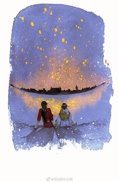 Art from the postcards in the TGCF English translation. Hua Cheng and Xie Lian are sitting together, watching lanterns rise from a cityscape across a body of water. The lanterns reflect on the water.