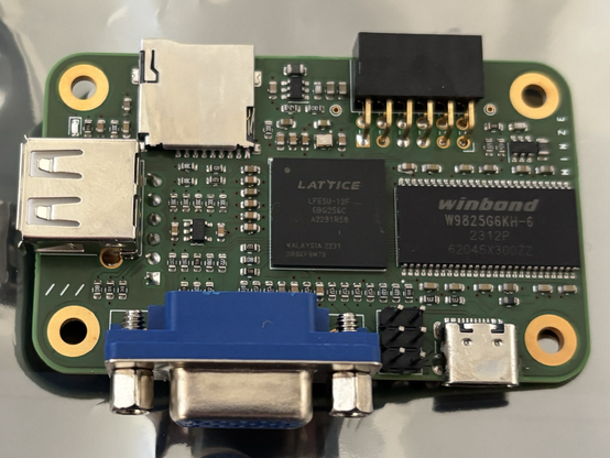 Lattice FPGA board with 32 MB SDRAM, VGA, SD, USB and a PMod connector.