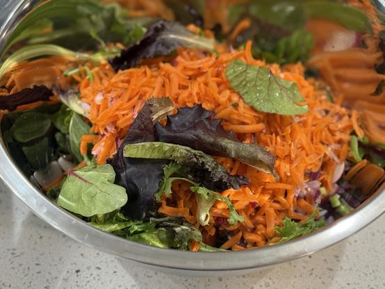A silver mixing bowl full of fresh vegetables, carrots, chard, radishes, scallions, collards, tomatoes, onions and mesclun greens. It’s about to be tossed with a vinegrette.