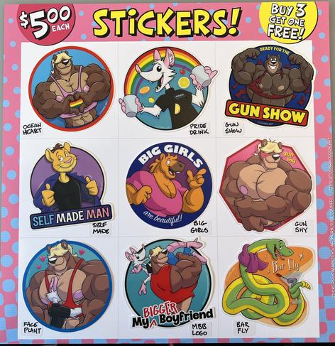 A page of nine stickers, listed as $5 each, buy 3 get one free: buff Ocean Otter holding a pride heart between his fingers and thumbs; Pride Possum mixing a rainbow drink; Chad Bear flexing 'Ready for the Gun Show'; Lance Lion giving two thumbs up as 'Self Made Man'; Corie Capybara waving 'Big Girls are Beautiful'; Ocean shirtless flexing 'Gun Shy'; Pride planting his face between Ocean's pecs; a My Bigger Boyfriend logo with Ocean carrying Pride over his shoulder; Sandy Snake with a martini 'Bar Fly'