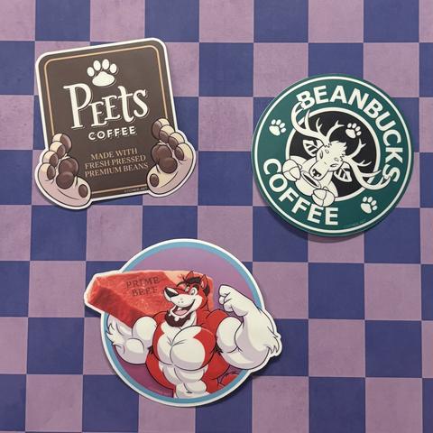 Three more stickers: 'Peets Coffee' with a paw logo and two thick paws below, reading "made with fresh pressed premium beans"; Beanbucks Coffee with a deer logo; and Beef Stroganov flexing one arm and carrying a huge piece of raw steak over the other shoulder, with "Prime Beef" stamped on it