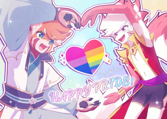 Suno and Pon doing a heart formation pose. The heart features bisexual colors for Pon, and gay rainbow flag for Suno.

Text says "Happy Pride" with rainbow gradiation.