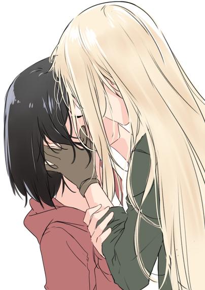 Danbooru tags: 2girls akira_miku_ver blonde_hair brown_hair hands_on_another's_face hidden_face highres hood hoodie implied_kiss kamikoshi_sorawo kiss multiple_girls nishina_toriko red_hoodie urasekai_picnic yuri