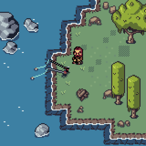 Pixelart-style image of a man fishing at a lake, surrounded by trees.