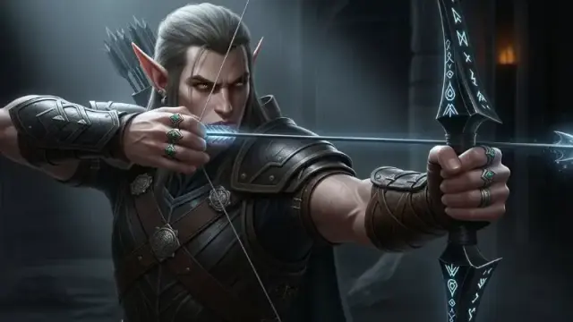 DnD artwork of a male elf Arcane Archer in a dungeon preparing to fire a magical glowing bow.