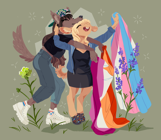 A painting of an anthro sheep and wolf waving large pride flags. The wolf holds a lesbian flag, and the sheep holds a trans flag. Lavender and a green carnation grow to their sides.