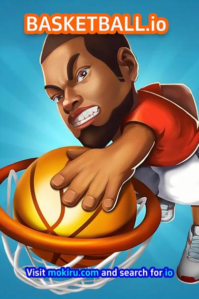 A cartoon basketball player in a red jersey and white shorts is intensely focused, about to dunk a yellow basketball into an orange hoop against a vibrant blue background with radiating lines.