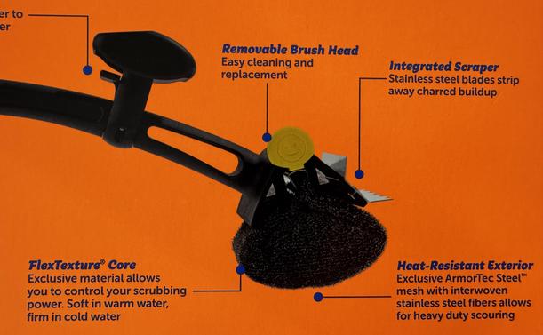 Back of the orange packaging, pointing out core features like the Removable Brush Head, Integrated Scraper, FlexTexture® Core and Heat-Resistant Exterior with the exclusive ArmorTec Steel™ mesh