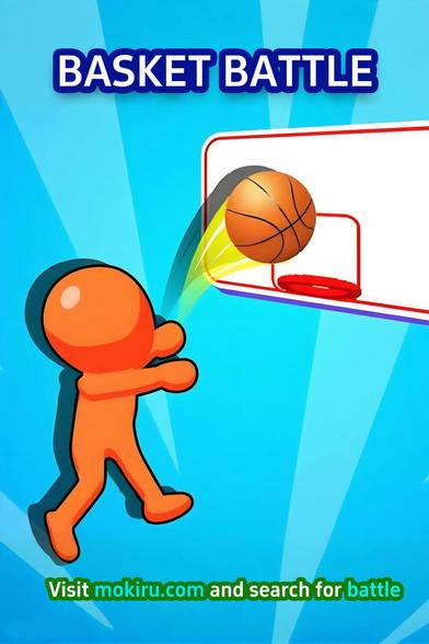 A cartoon-style orange stick figure is shooting a basketball into a hoop. The ball is mid-air, heading toward the net with a yellow motion trail. The background is bright blue with light rays emanating from the basket, emphasizing the action.
