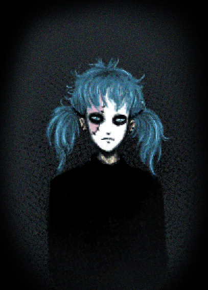 Ilustración digital de Sally Face con dos colitas. La imagen se ve borrosa y pixelada.