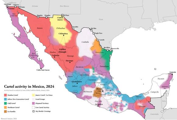 A map showing cartel dominance, geographically, in Mexico. Credit: Bismark Analysis