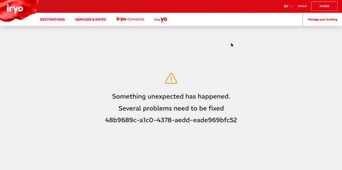 Screenshot of an error message on iryo.eu which reads "Something unexpected has happened. Several problems need to be fixed"