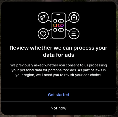 Instagram pop-up to review whether they can process my data for ads (behind whoch we can barely see Margo Hayes' last post)