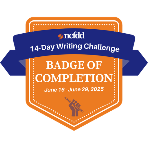 A badge of completion graphic for a 14-day writing challenge hosted by NCFDD, specifically for June 16-29, 2025.