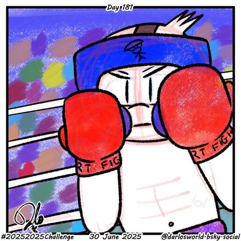 Drawing of Darlo in a boxing match. He's wearing protective headgear and is in a defensive position.