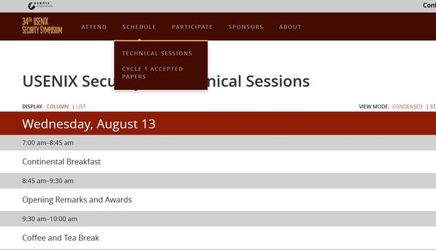 Screenshot of the menus for the usenix security timetable