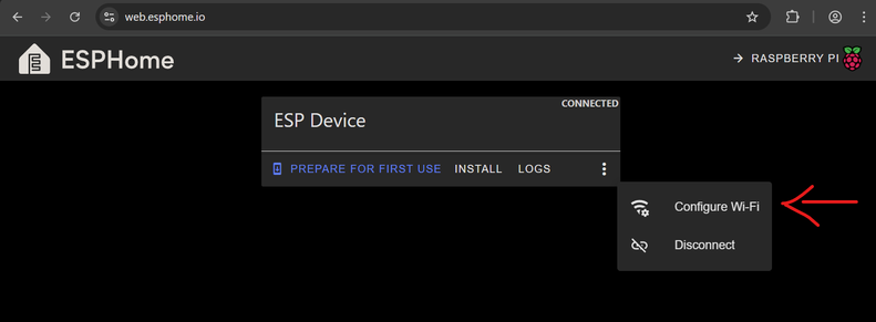 Die ESPHome Webseite mit dem neuen Button das WiFi zu kongiruerien