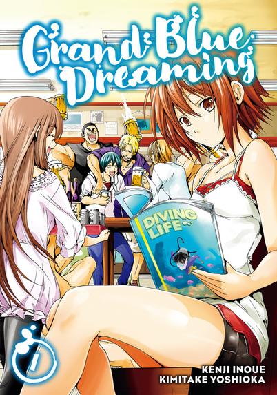 Cover of volume one of “Grand Blue Dreaming” by Kenji Inoue (story) and Kimitake Yoshioka (art)

Interior of the “Grand Blue” dive shop. Chisa, wearing shorts and a double halter top, looks up from her “Diving Life” magazine at the viewer. Behind her, Nanaka carries a tray of beer and spirits toward Iori and the rest of the diving club, who are drinking (and, unusually, largely clothed.)