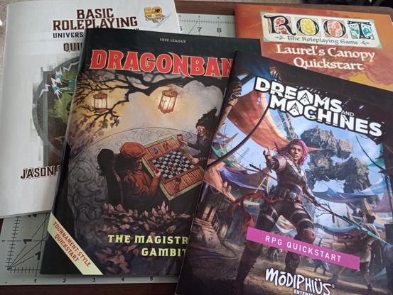4 Quickstart RPGs:
Basic Roleplaying
Dragonbane
Root
Dreams & Machines