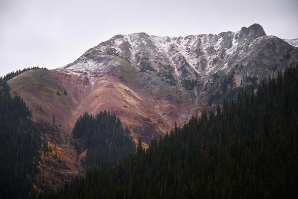 A mountain with a snow-dusted peak rising above a forest of tall, dark green pine trees. The slopes of the mountain display a mix of rocky and earthy terrain with patches of snow. The sky above is overcast, giving the scene a subdued, muted tone.
