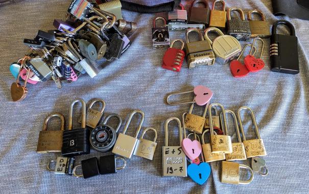 Around 75 love locks in three distinct piles from my last 3 outings.