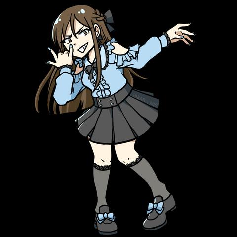 brown long haired woman side-eyeing to the left. She is wearing a light blue frilly long sleeved open shoulder blouse and black skirt. knee high opaque socks and black loafers with light blue ribbons