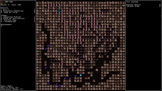 This image shows a map in the game rift wizard 2,  you can see the wizard (the main playable character) in the top left in a small hallway, and the rest of the map is covered in "Brain Trees" These are slowly doing damage to the bats that are spawning in the bottom left corner.
The wizard cant move, so they just have to wait each turn and wait for the trees to kill the bats and their spawners.