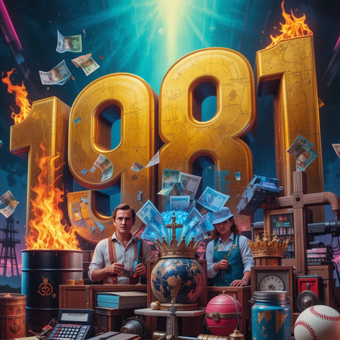Ilustración colorida de 1981 con elementos que representan eventos significativos de ese año, incluyendo billetes volando, un globo terráqueo, un barril, libros, una cámara y una pelota de béisbol, con la frase 'THE YEAR THAT CHANGED EVERYTHING'.