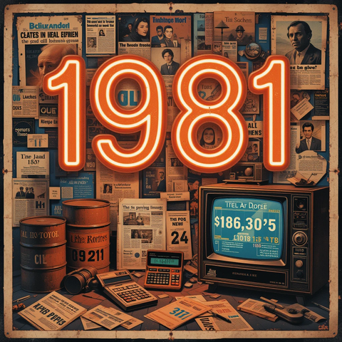 Collage de elementos de 1981, incluyendo un televisor vintage, periódicos, y objetos de la época, con el año '1981' destacado en luces neón.