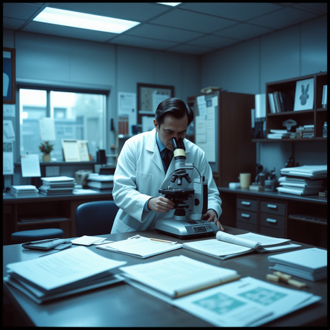 Un científico observa a través de un microscopio en un laboratorio, rodeado de documentos y equipos de investigación.