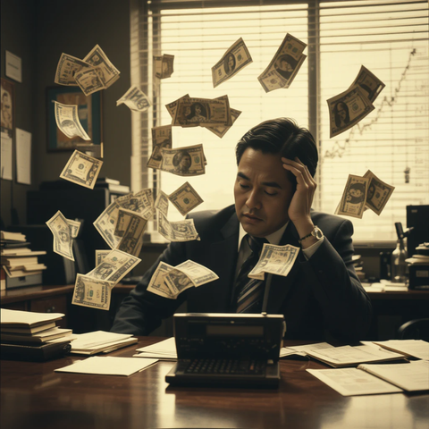 Un hombre de negocios sentado en un escritorio con cara de preocupación, rodeado de billetes que caen del aire y papeles desordenados.