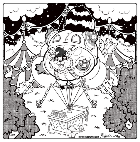 Digital pen-ink-and-screentone cartoon illustration featuring Cosu, an anthropomorphic raccoon blown up into a large balloon, clothes and all. He is tethered to a balloon cart standing nearby a circus tent. Cosu appears quite happy with his predicament. A small bird is flying near him, and Cosu is waving hello as best as he can. Digitally screen-toned trees are visible in the foreground, with the circus tent against a starry night sky in the back.