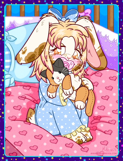 Digital cartoon illustration featuring an anthropomorphic white bunny with brown spots and blonde hair with pink highlights. She is wearing light blue, star-patterned pajamas, and is hugging a stuffed calico cat. She is suckling on a pacifier. The bunny is sitting on a pink bed with a heart-shaped pattern, which is nestled within a crib. She looks sleepy.