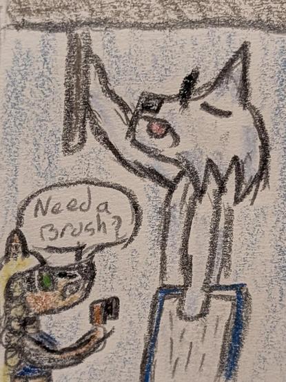 Color pencil drawing of Shirou, an anthro Arctic wolf man, changing a ceiling air conditioner filter and holding a dirty one filled with his fur. His girlfriend Sally, an anthro chipmunk woman, offers to brush him.