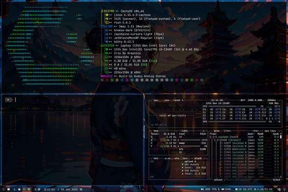 A screenshot of the `sway` desktop running on CachyOS (an ArchLinux derivative).  Three terminal windows (kitty) showing the `fastfetch` output in the top one, and the bottom right showing `btop` information.