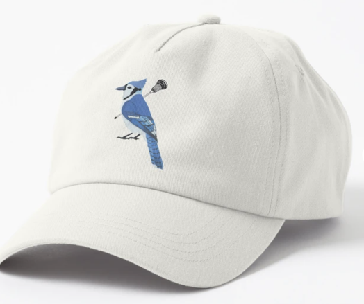 Our bluejay lacrosse mascot is shown on a baseball hat.