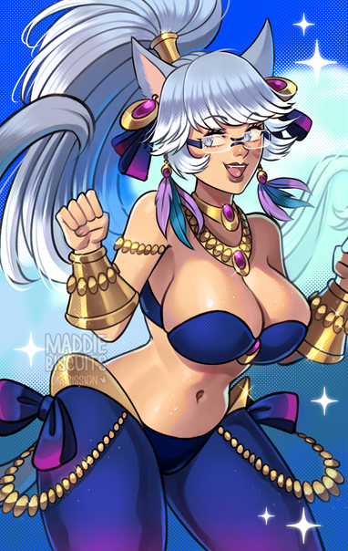 An illustration of a miqote from final fantasy 14, with silvery hair and white highlights, pulled up into a very tall ponytail with a gold clasp. She has bright white freckles, glasses, and gold jewelry, including feathers, ribbons and an outfit inspired by the character shantae from the self-titled video game series, in dark blue and magenta