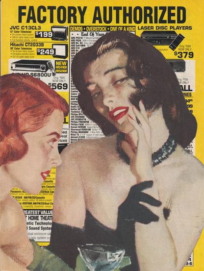 two femmes chat saltily in front of an ad for an audio and visual equipment store circa 1991