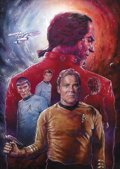 A poster for the Star Trek episode Space Seed, featuring Khan facing away from the viewer and looking off to the side. Below him is Kirk, Spock, and McCoy. Above them is the Enterprise, with another ship floating next to it. The background is a colorful prismatic halo of space, centered on Khan's head.