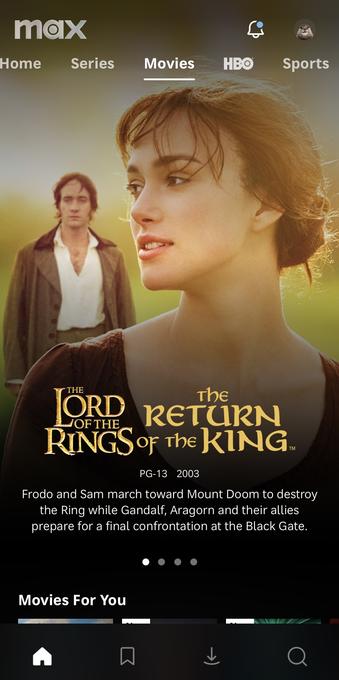 The title logos and synopsis text for ‘The Lord of the Rings: The Return of the King’ is overlaid on an image for ‘Pride and Prejudice’.