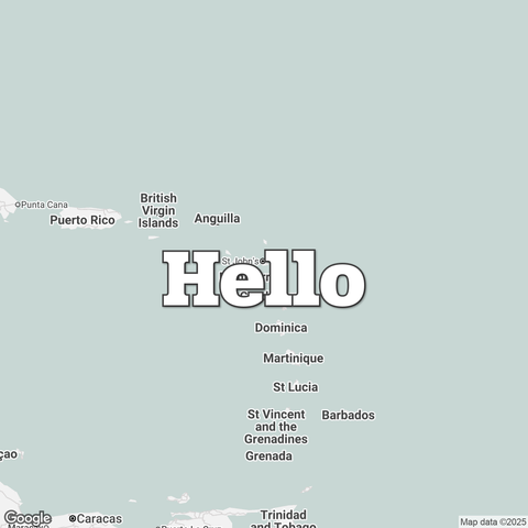 Map of Antigua and Barbuda overlaid with a translation of the word "hello": Hello.