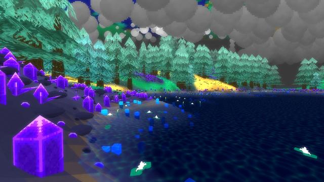 Broken overcast skies over shoreline, sweeping from left to right. Close on the left is a range of rocks and crystals, moving to grassland ahead but further. Most distant on the right across the water is an area of rock and sand. Behind these areas a dense pine forest separates sky from land.