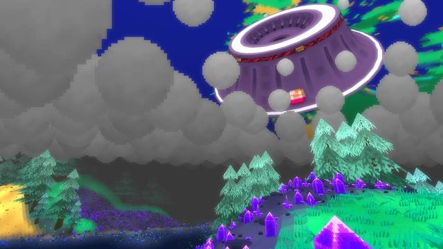 The previous scene but looking upwards into a gap in the clouds, through them the interior of the hollow planet you're in can be seen. Sea and islands curve upwards into the sky, with a large round raised platform super structure dominating the landscape. The large purple metal sides of the structure curve upwards from the sea and islands ending with a circular platform at it's apex. The platform has a white glowing ring around the outside, the area inside the ring lowers down into a bowl shape.