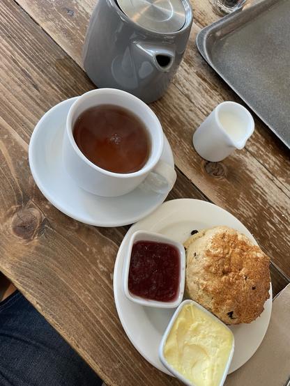 Tea and scone, jelly and butter