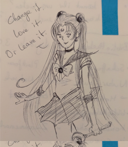 Eine Zeichnung von Sailor Moon, die sagt "Change it, Love it, or leave it".