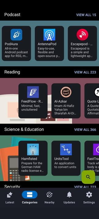 Screenshot of the F-Droid app, with the 'Podcast' category at the top of the image. AntennaPod is listed in the middle of the row, with PodAura on the left and EscapePod on the right. Below, the app displays the categories Reading (with a flat graphic of an open book as background image) and Science & Education (with two books and a scientific calculator as background image).